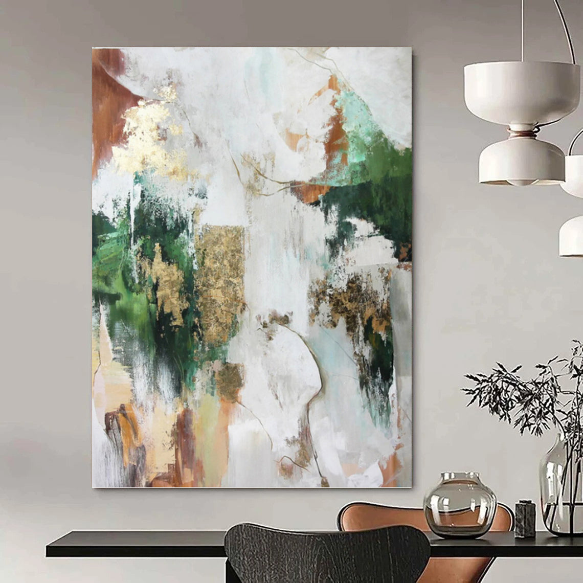 “Multicolor Abstract with Gold” - Green, Gold, Brown & White Eclectic Painting On Canvas DKH1011