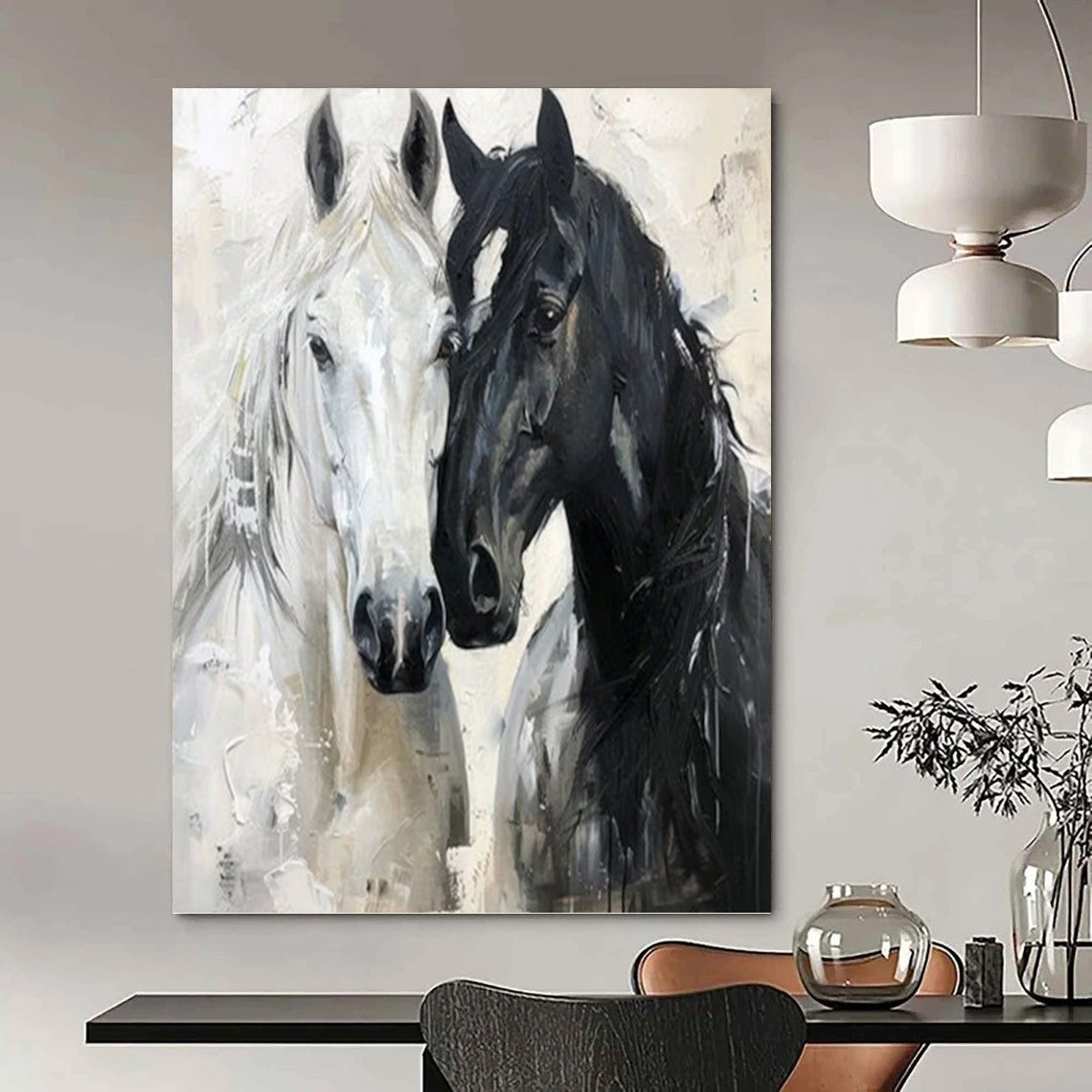 Black and White Horse Duet - Expressive Equine Painting On Canvas DKH1401