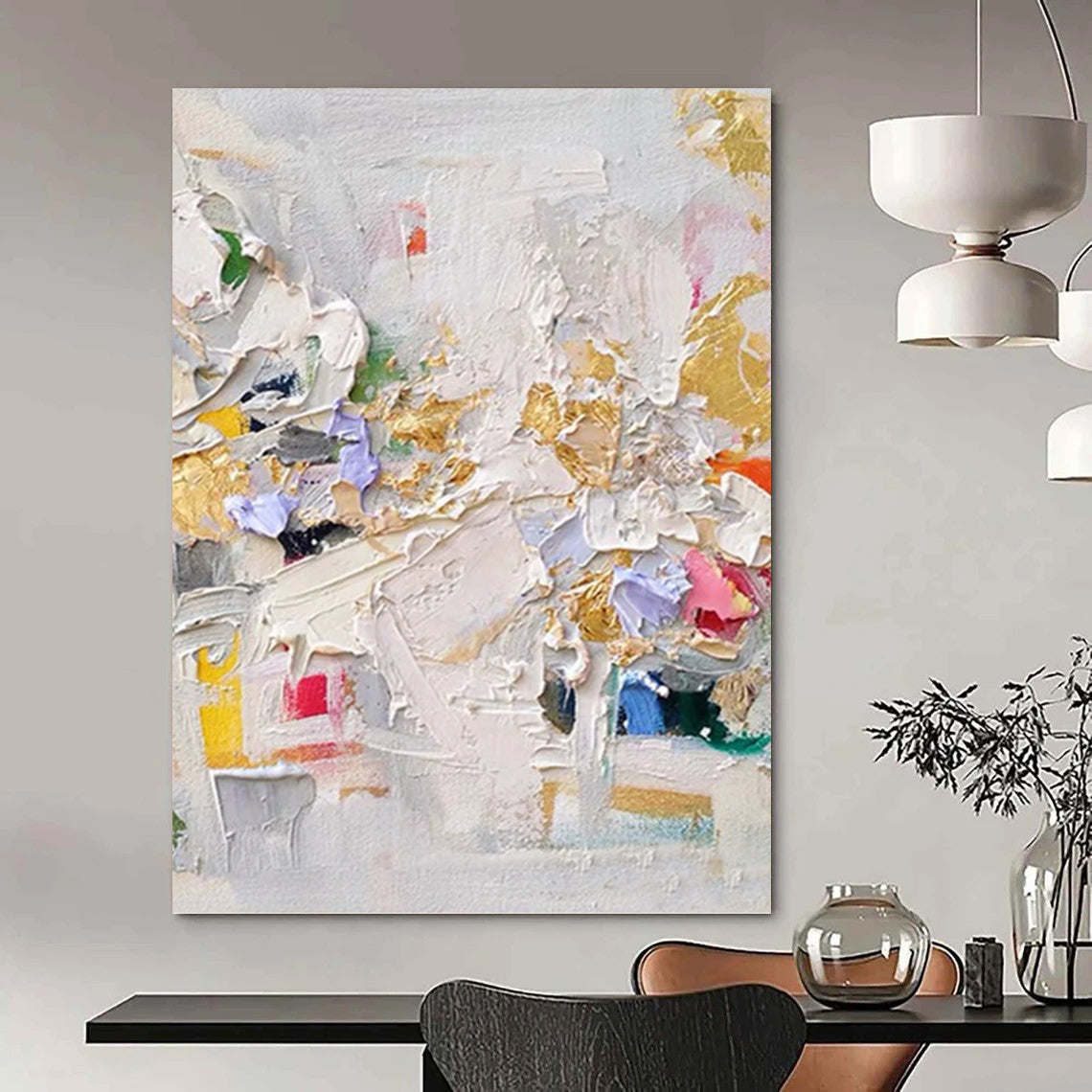 “Colorful Impasto Collage” - White, Gold, Purple, Pink & Yellow Vibrant Textured Painting On Canvas DKH1027