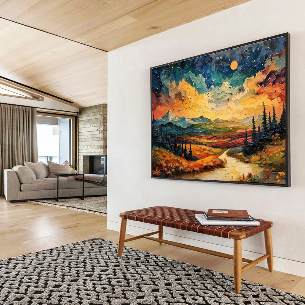 “Vibrant Mountain Sunset”:Colorful Impasto Landscape Painting On Canvas DKH252