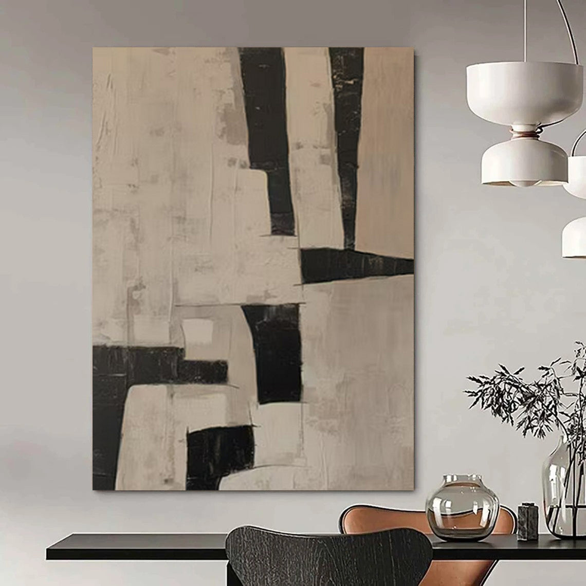 “Beige - Black Geometric Shapes” – Abstract Geometric Art CT0985