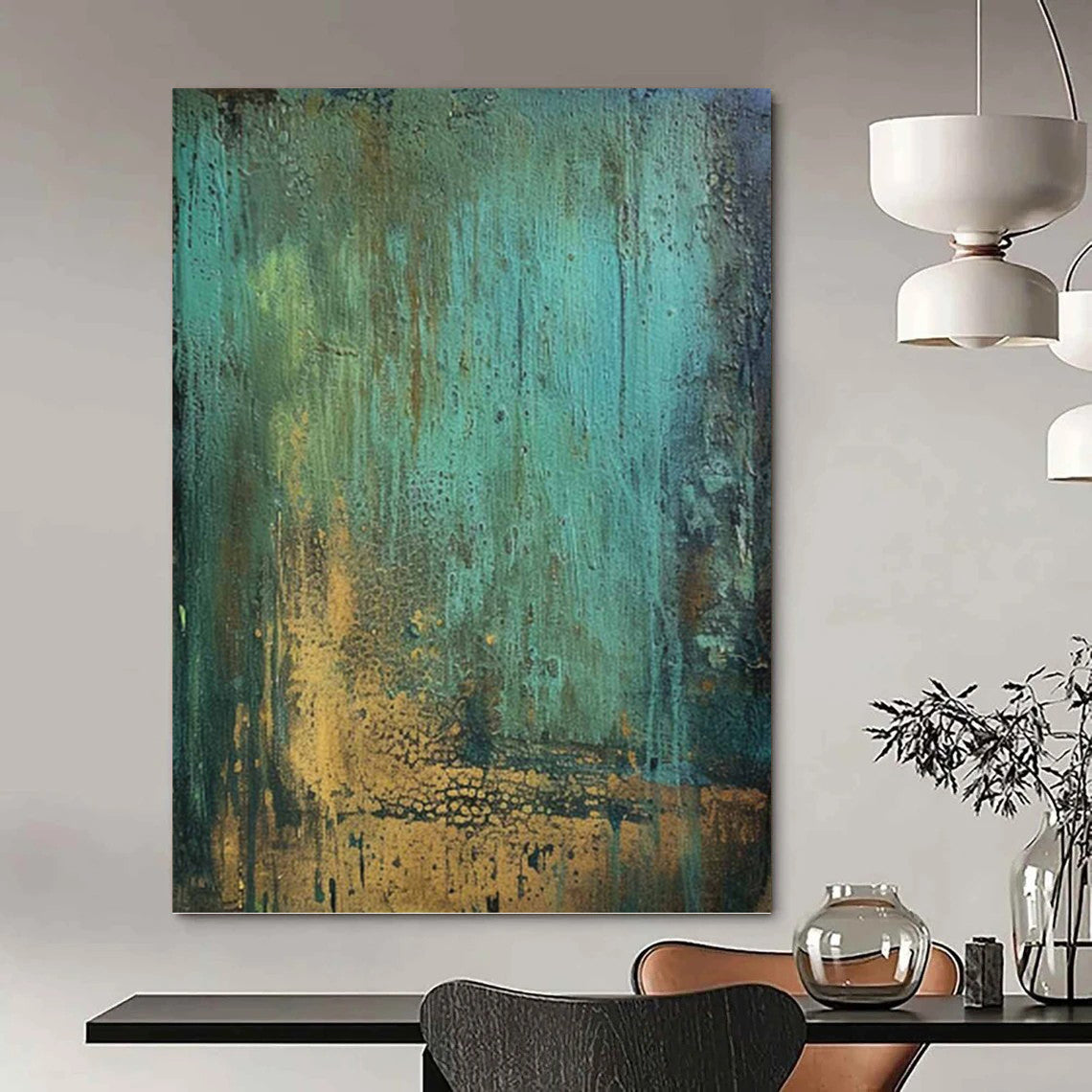 “Teal & Gold Rustic Textures” - Teal, Green, Brown & Gold Abstract Textured Painting On Canvas DKH1194