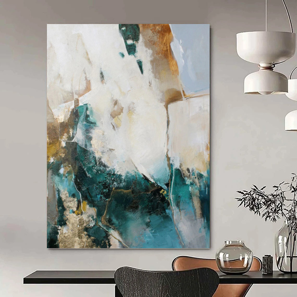 “Teal, Gold & White Abstract” - Teal, Gold & White Art Deco - Inspired Painting On Canvas DKH1013