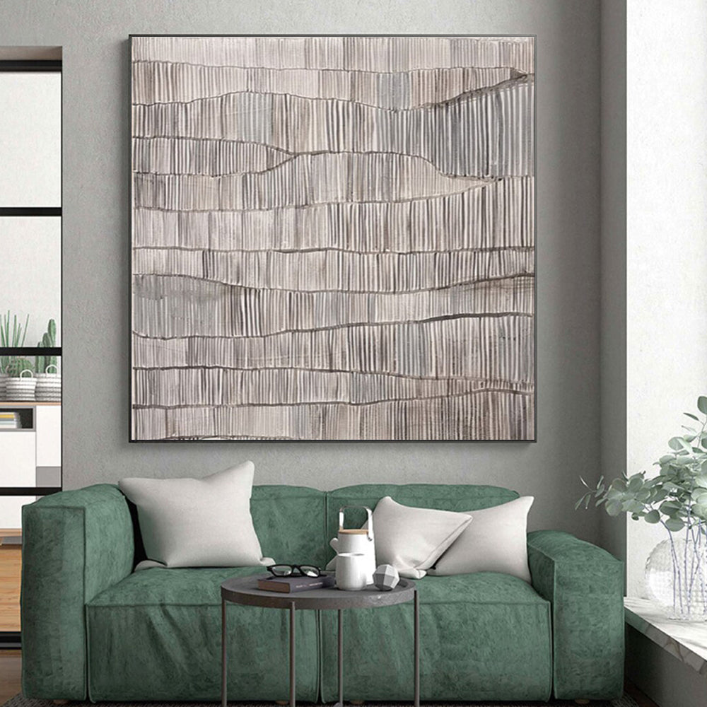 Gray - White Wavy Lines, “Rippled Stillness” - Minimalist Abstract Acrylic Painting CT0719