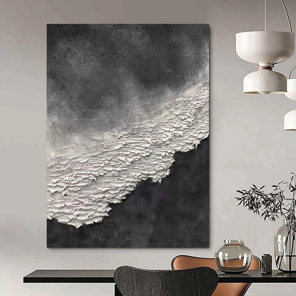 “Black, White Textured Contrast ‘Shadow & Light’” - Impasto Abstract Painting On Canvas DTP339