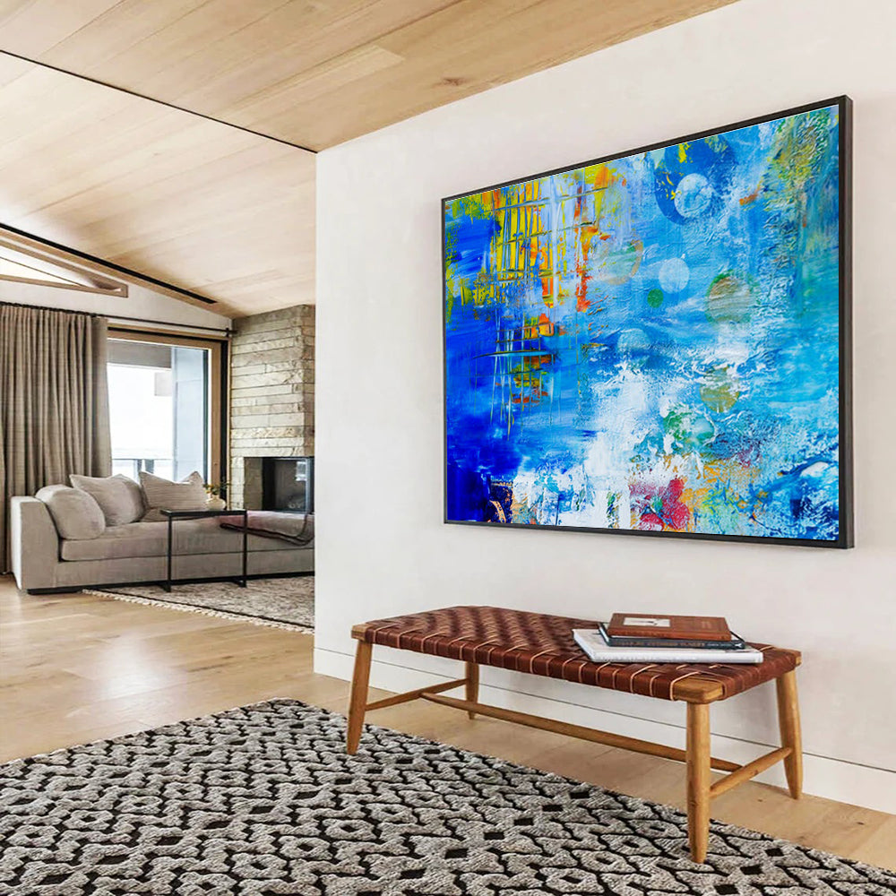 “Blue Abstract with Colorful Elements” Abstract Expressionist Painting On Canvas DKH439