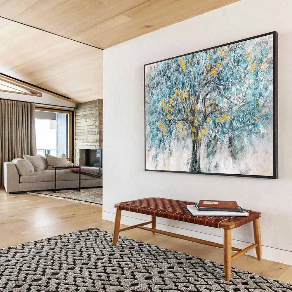 Blue Tree with Yellow Blossoms - Blue, Yellow & Gray Landscape Painting On Canvas DKH889