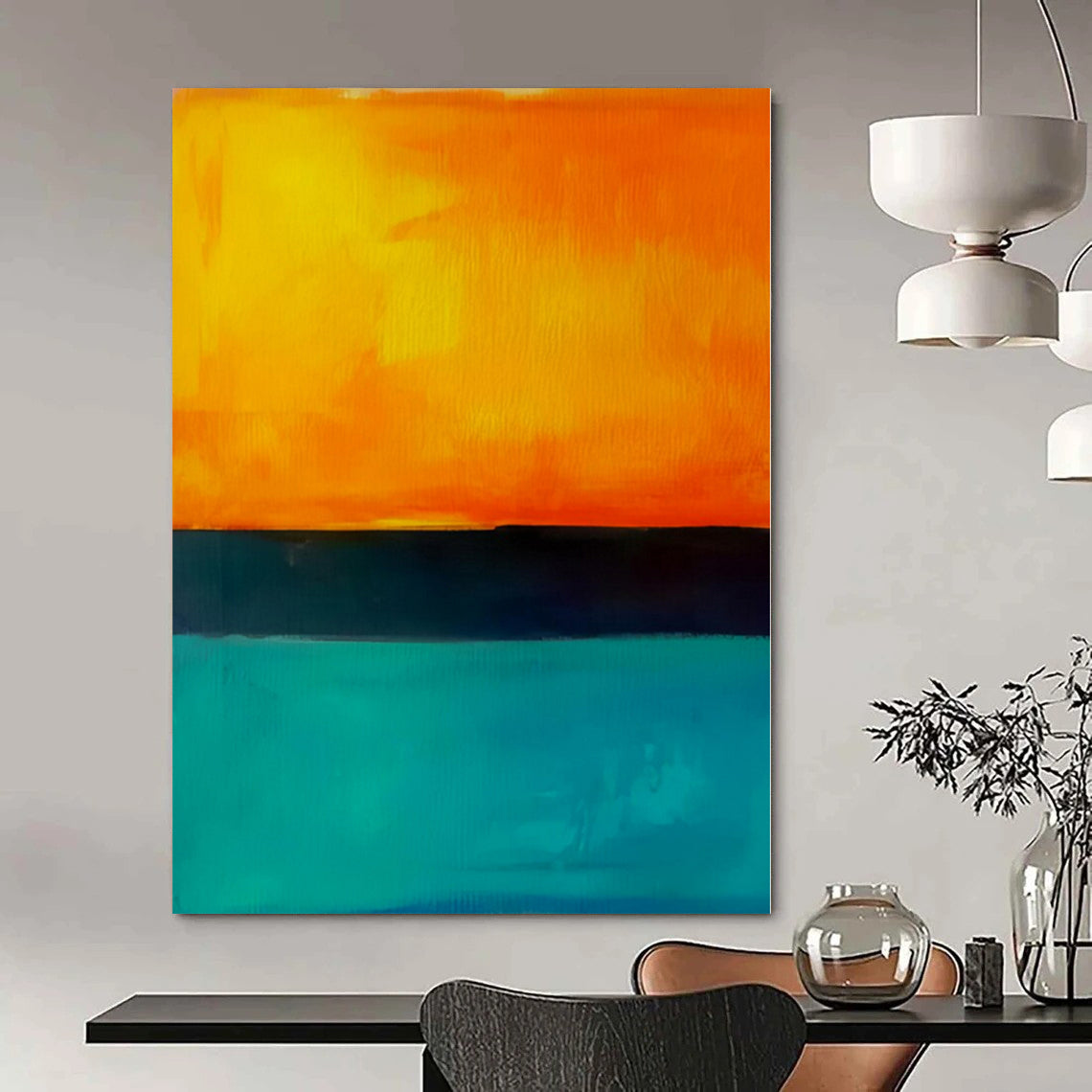 “Sunset Hues (Orange - Teal - Black)” – Color Field Painting CT1187