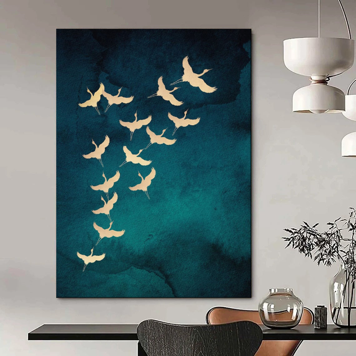 Golden Cranes Teal Blue Wash Oriental Inspired Avian Art CT1919