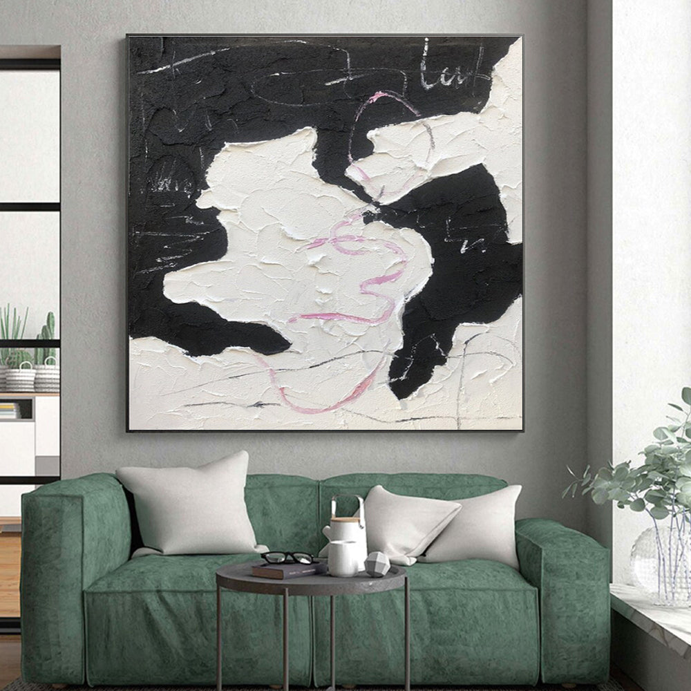 Black, White & Pink Textured Forms, “Playful Chaos” - Impasto Abstract Painting CT0773