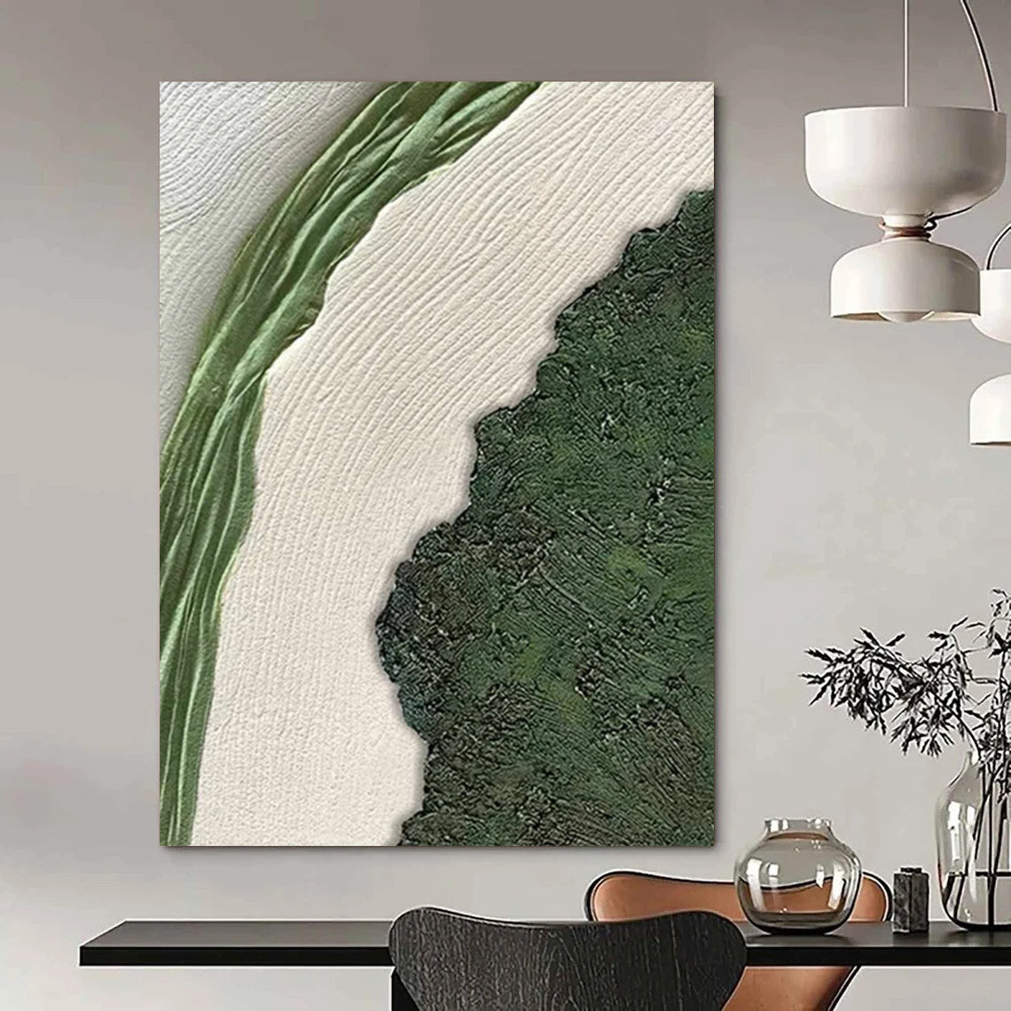 “Green, White, Textured Nature ‘Leafy Contrast’” - Minimalist Abstract Painting On Canvas DTP316