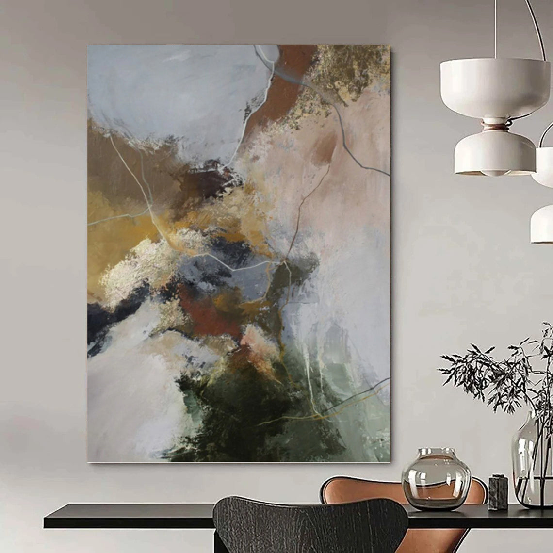 “Earth - Toned Abstract Mix” - Brown, Gold, Green & Gray Expressionistic Painting On Canvas DKH1004