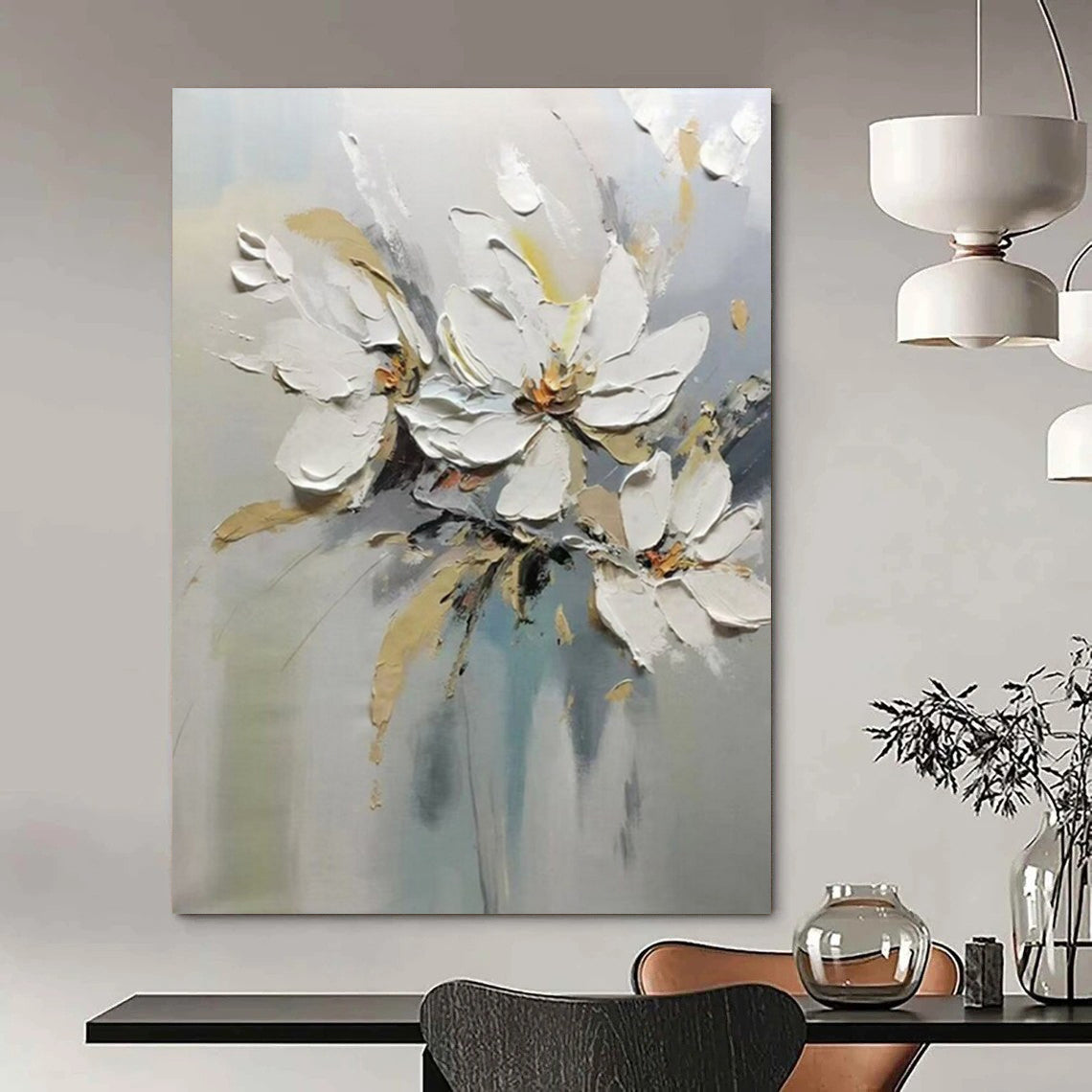 “White Floral Bouquet” - White, Beige & Gray Flower Painting On Canvas CT2201