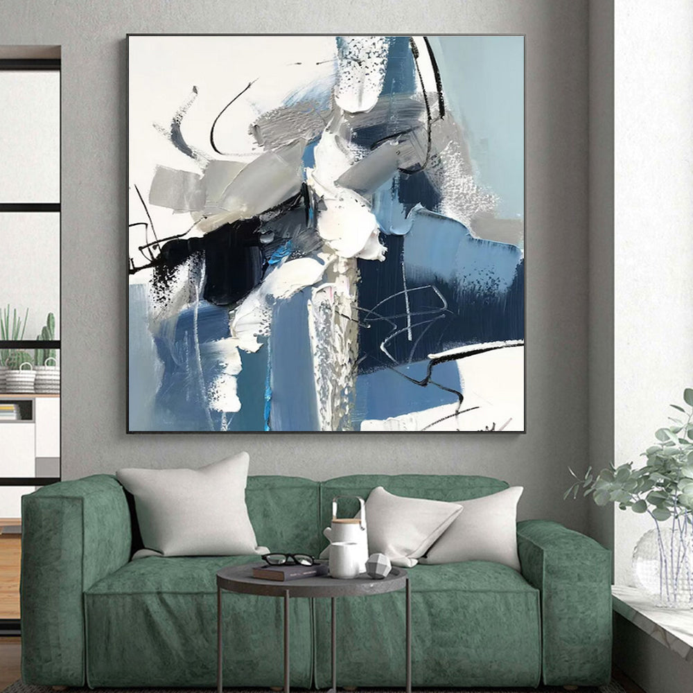 Blue, Gray & White Dynamic Shapes, “Urban Pulse” - Impasto Abstract Painting CT0771