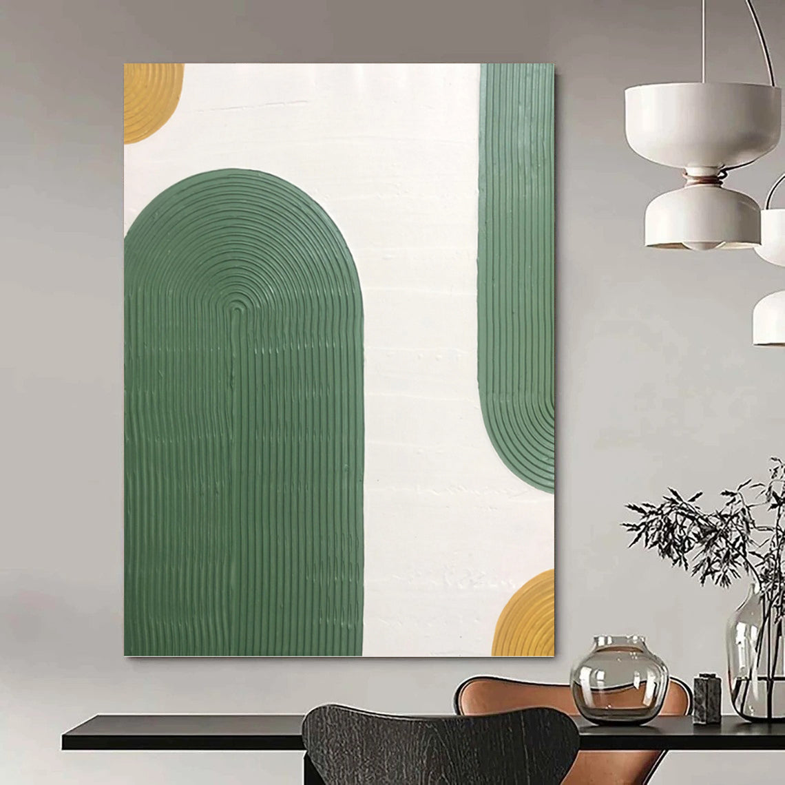 “Green Ribbon Arches” - Green, Yellow & White Textured Curves Painting On Canvas DKH1170