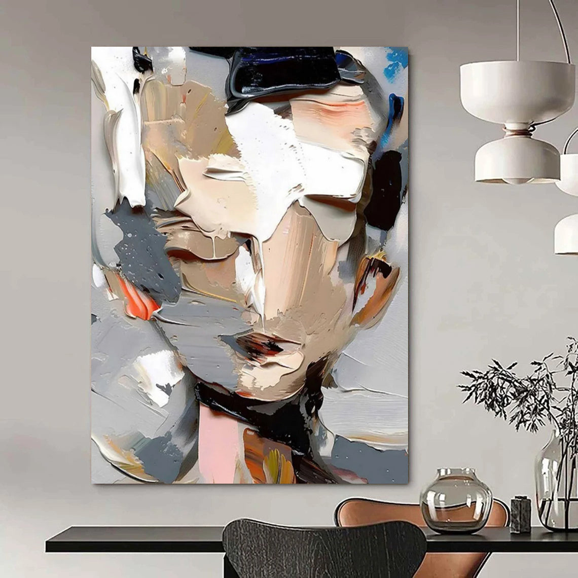 “Gray, White, Colorful Abstract Portrait ‘Fragmented Identity’” - Textured Figurative Painting On Canvas DTP320