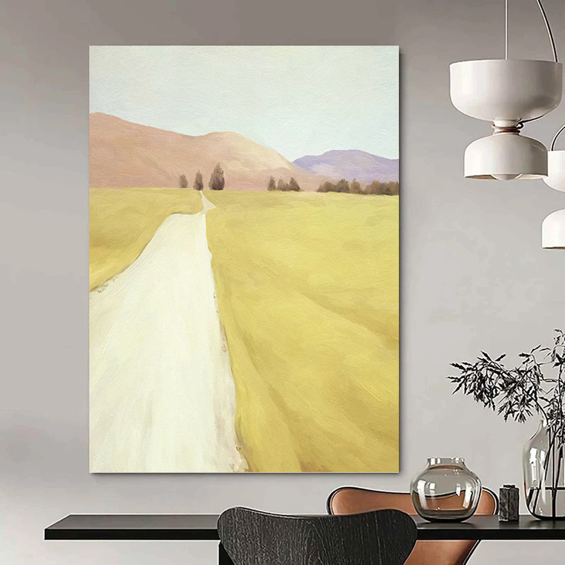 Yellow Field and Path in Soft Tones - Landscape Painting On Canvas DKH1415