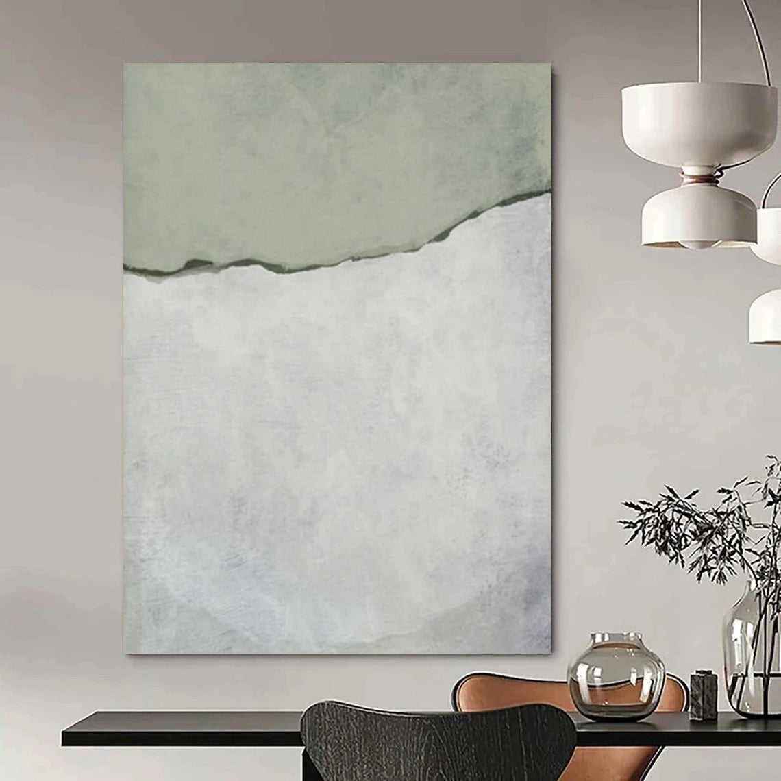 “Soft Green and White Tear” - Green, White Abstract Painting On Canvas DTP241