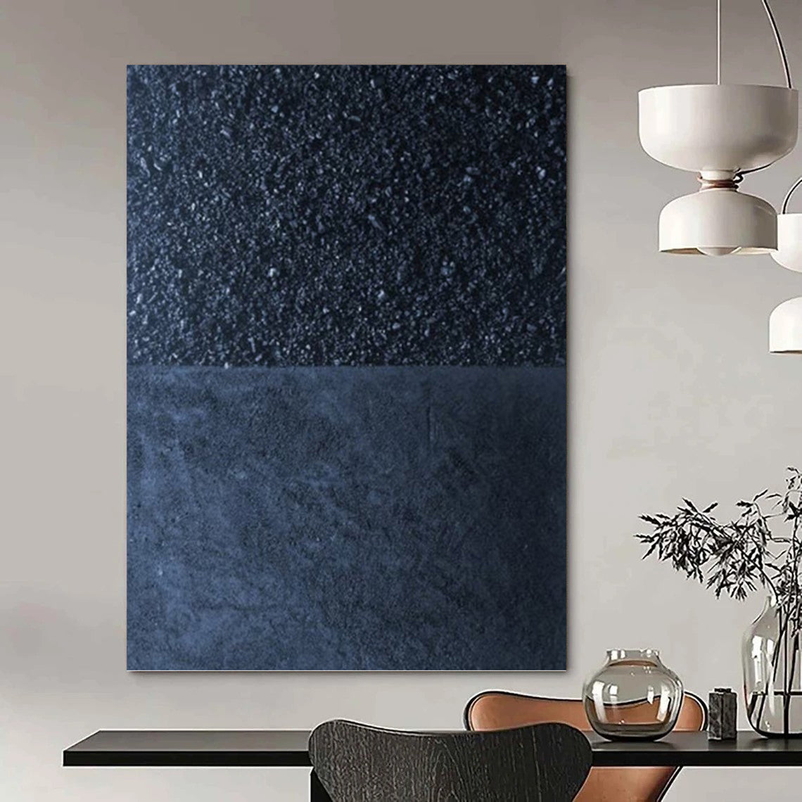 Two - Tone Black & Dark Blue - Minimalist Textured Painting On Canvas DKH1247