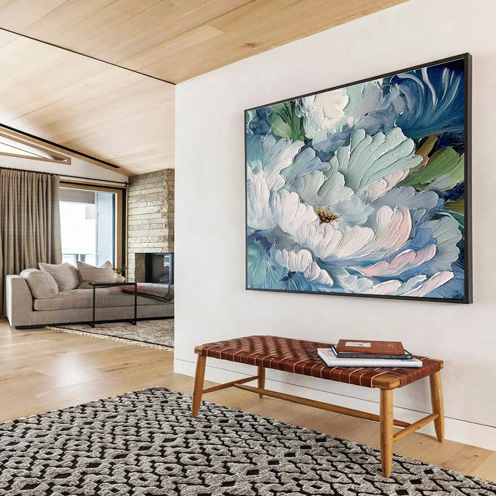 Textured Blue Peony Blooms Painting On Canvas DKH675