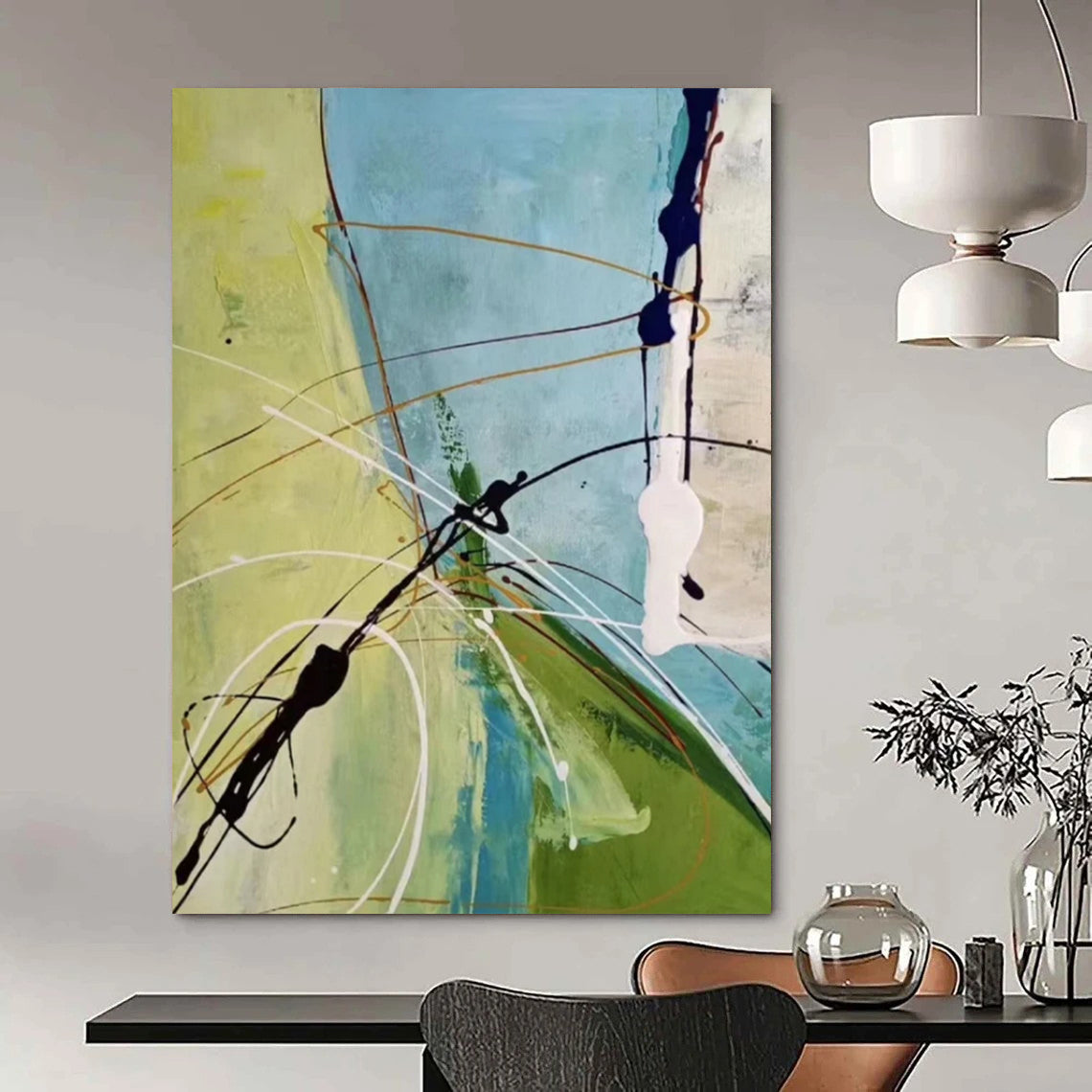 Green, Blue, White & Brown Linear Interplay - Abstract Painting On Canvas CT2307