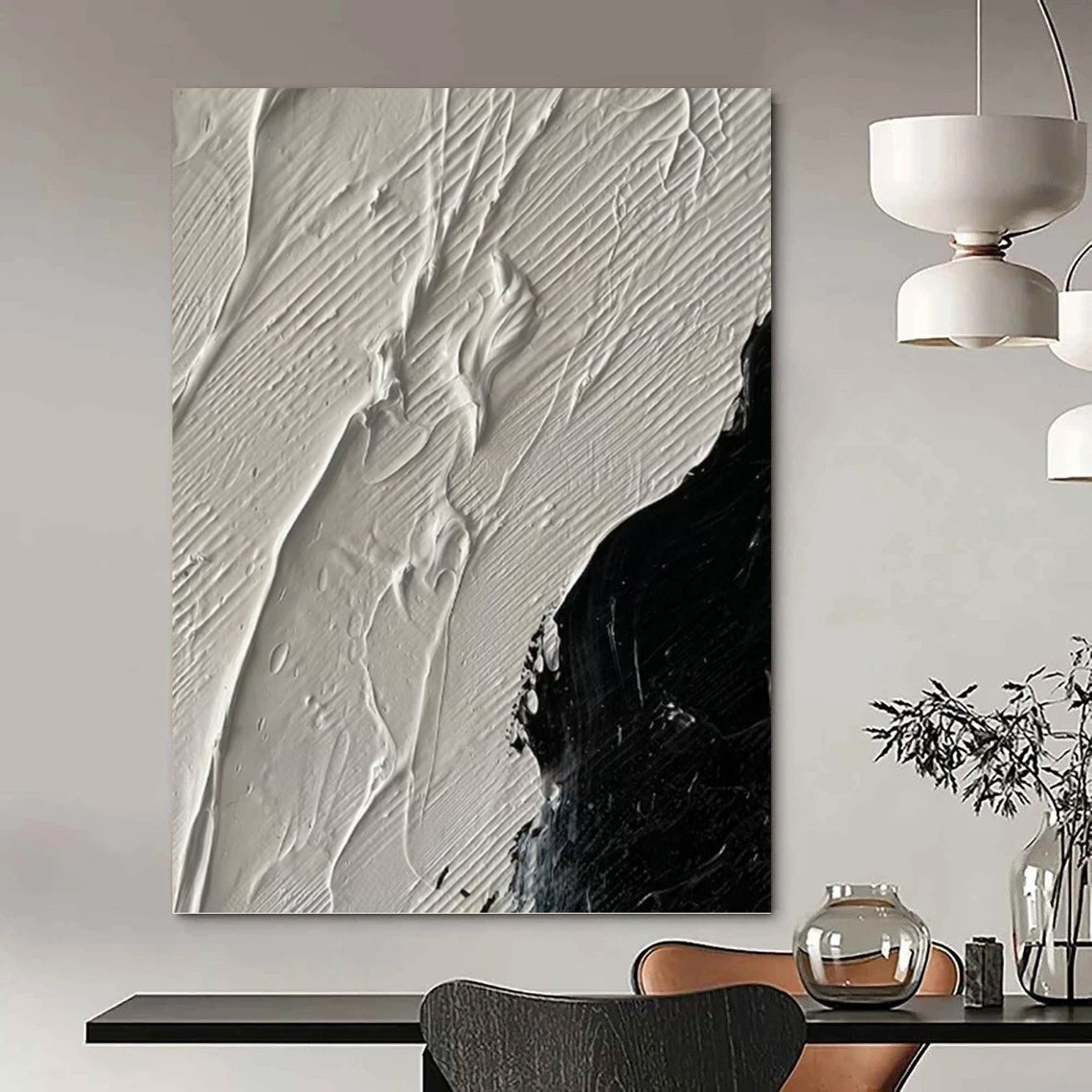 White and Black Textured Contrast - Abstract Painting On Canvas DKH1328