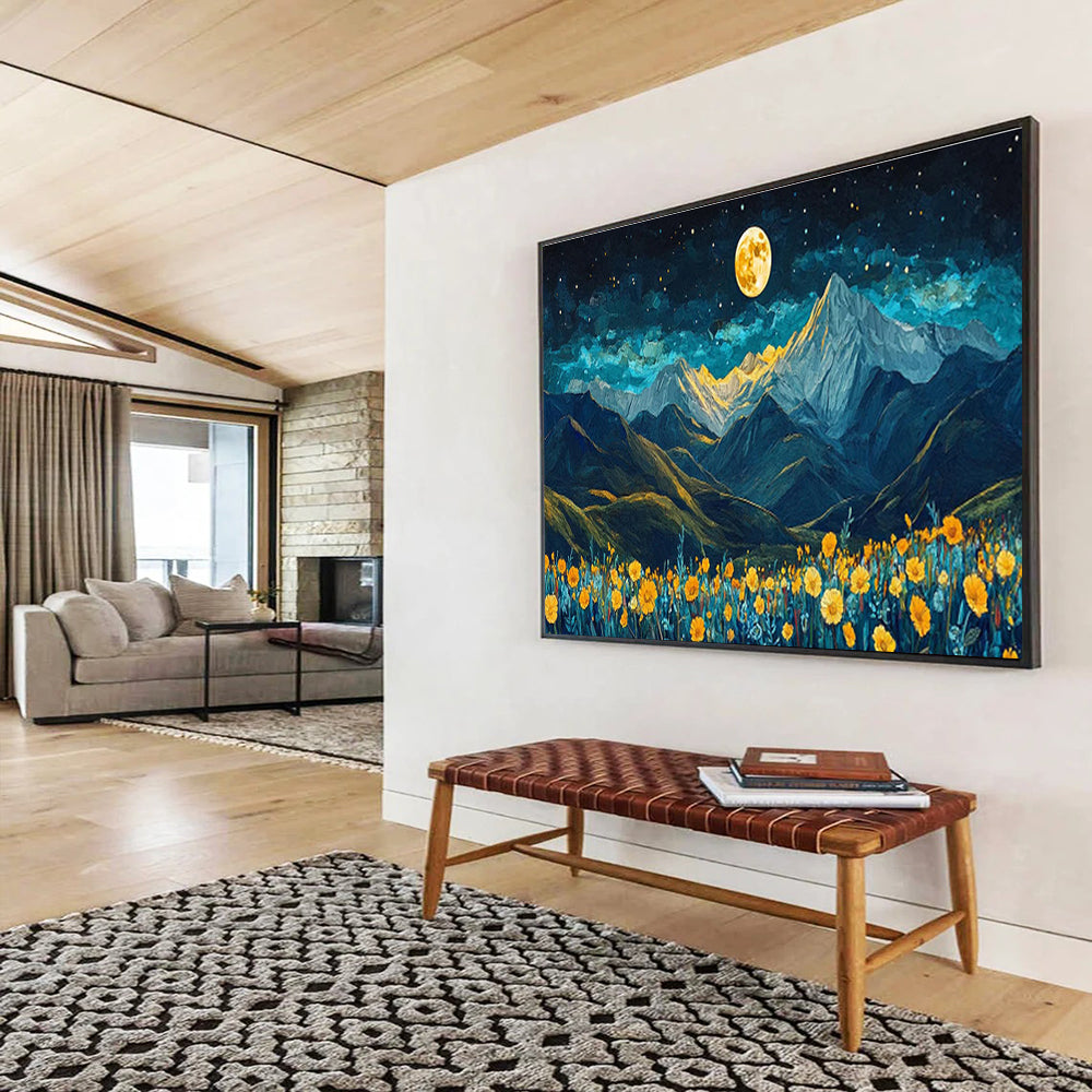“Moonlit Peaks & Blooms” - Blue, Yellow, Gold Landscape Fantasy Painting On Canvas DKH694
