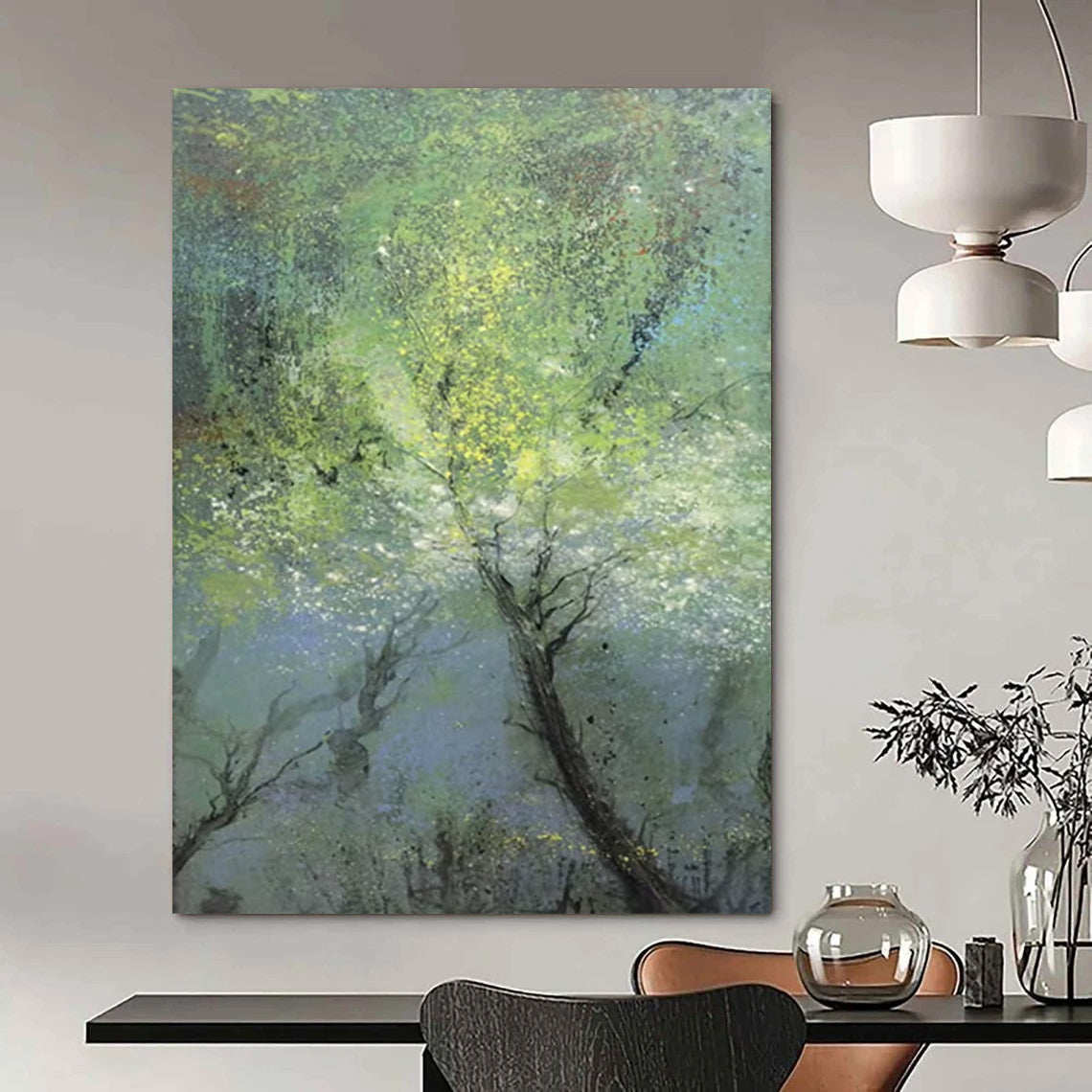 “Misty Green Forest” - Green, Blue, Gray Abstract Landscape Painting On Canvas DTP247