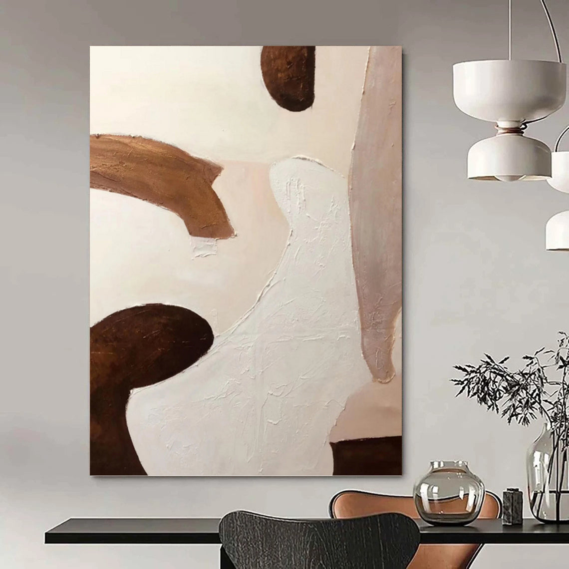 “Soft Form Fusion” - Beige & Brown Organic Shapes Painting On Canvas DKH1164