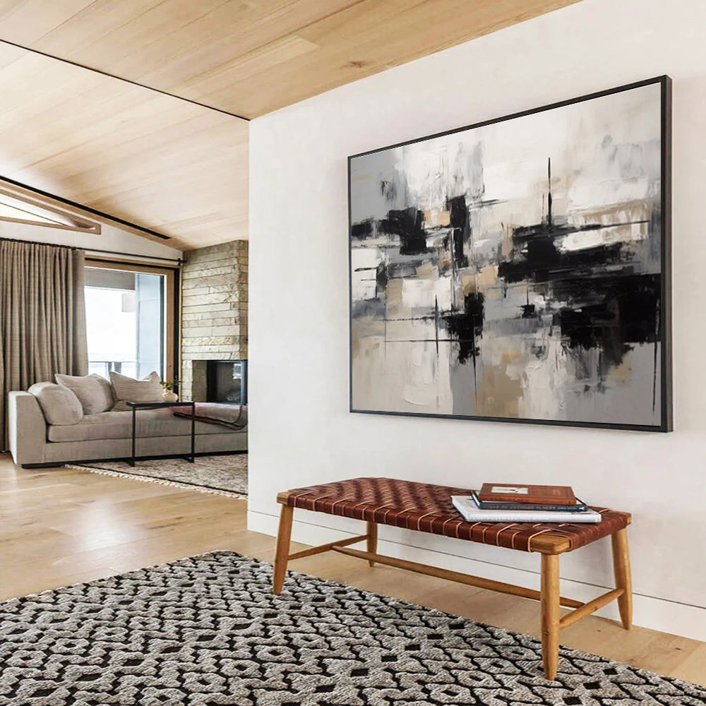“Black, White & Beige Geometric Abstraction” Geometric Abstract Painting On Canvas DKH335
