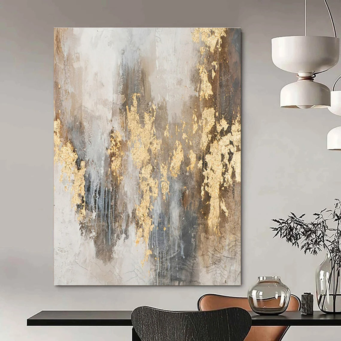 Grey, Brown & Gold Textured Accents - "Gilded Echoes" - Abstract Textured Painting CT1471