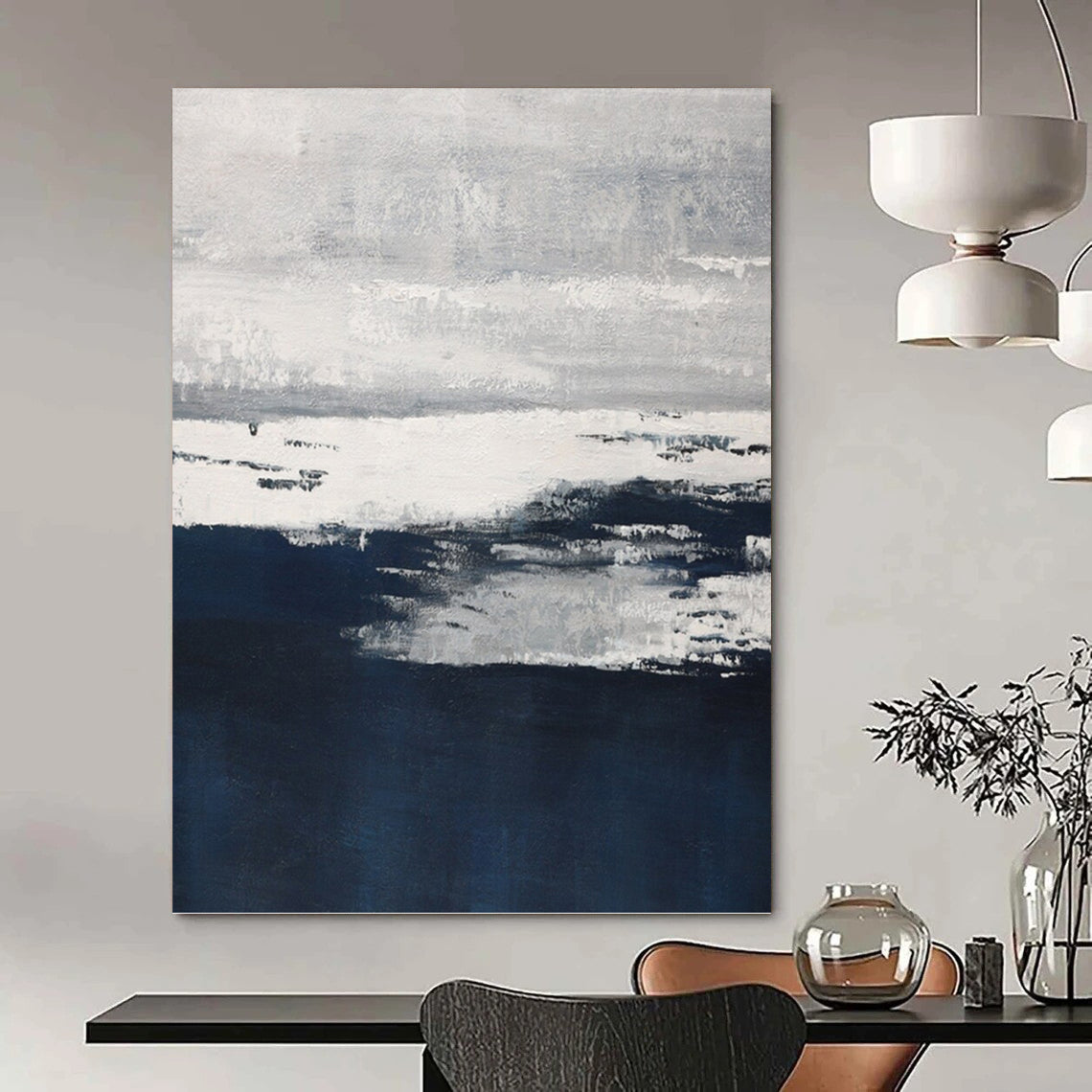 “Moody Horizons” - Gray, White & Navy Abstract Landscape - Inspired Painting On Canvas DKH1540