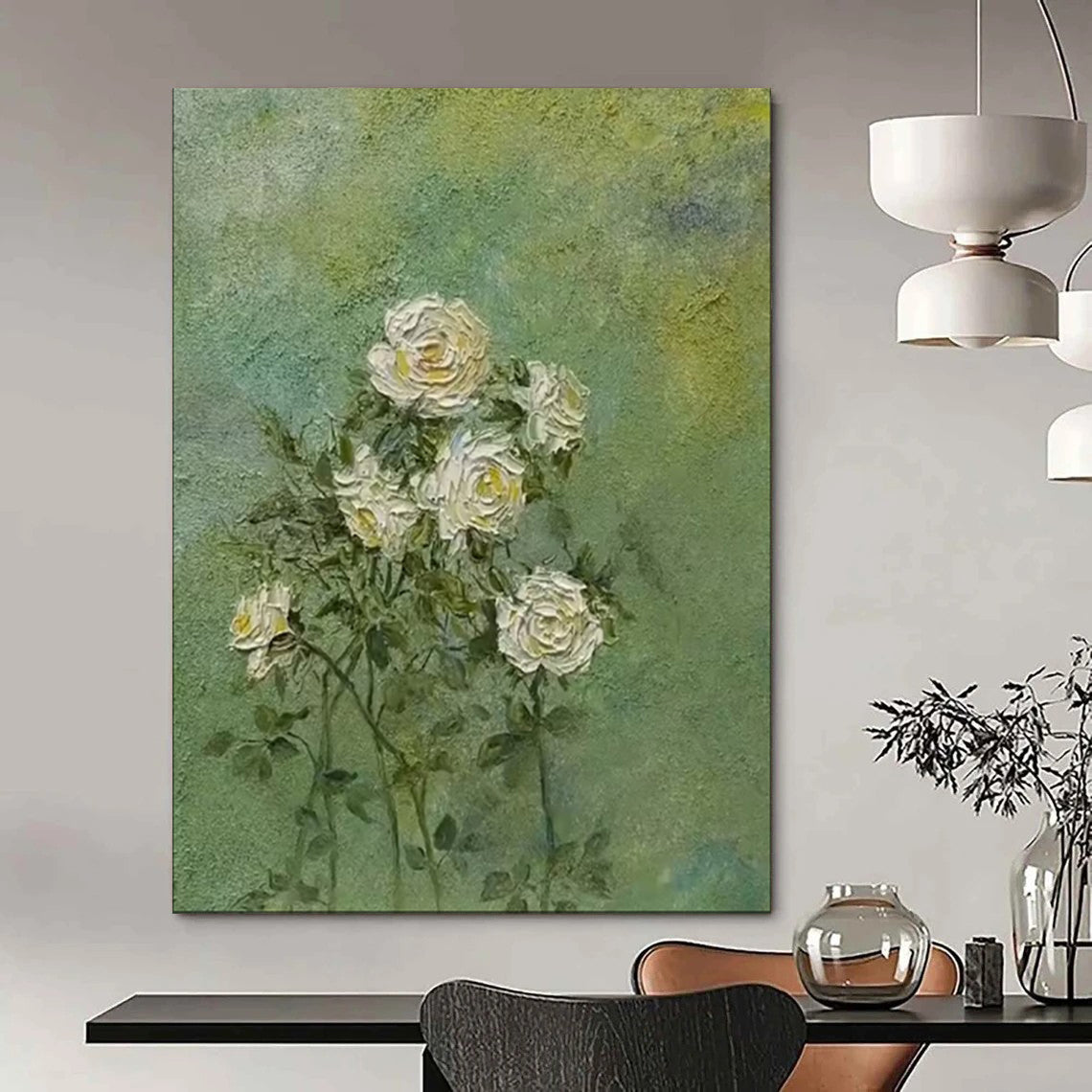 “White Roses on Green” - Textured Floral Painting CT1987