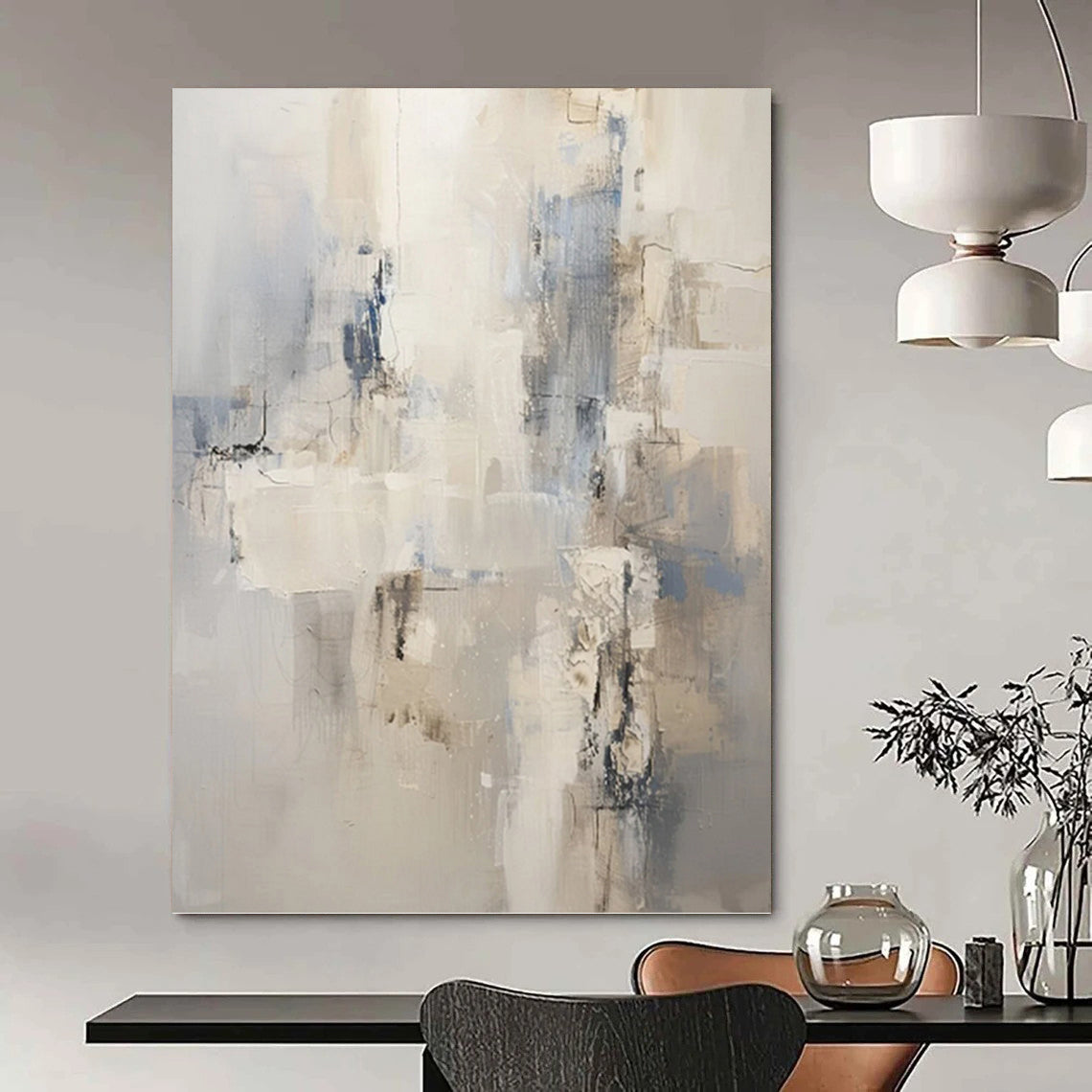 Neutral & Blue Abstract Forms - Abstract Composition Painting On Canvas DKH1249