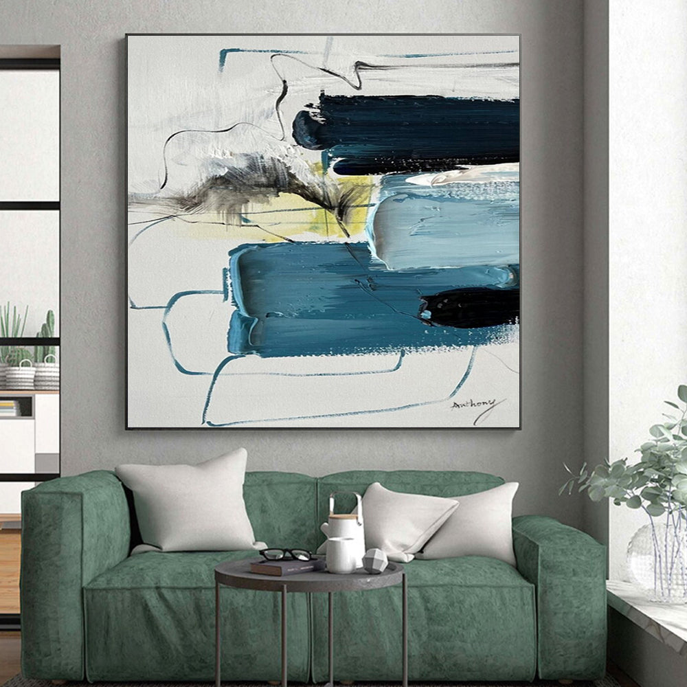 Blue, Black, White & Yellow Abstract Layers, “Oceanic Pulse” - Impasto Abstract Painting CT0779
