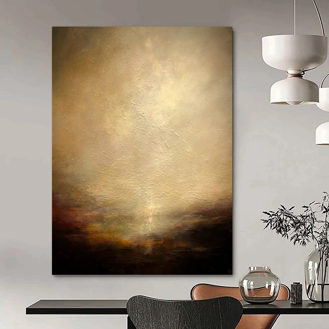 “Mystic Horizon” - Beige, Brown & Gold Abstract Landscape Painting On Canvas DKH1534