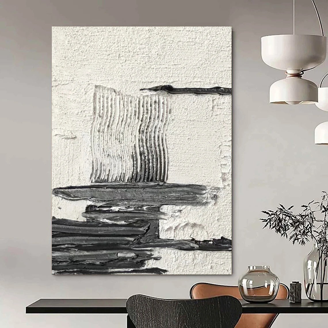 “White, Black Textured Layers ‘Calm Complexity’” - Impasto Abstract Painting On Canvas DTP388