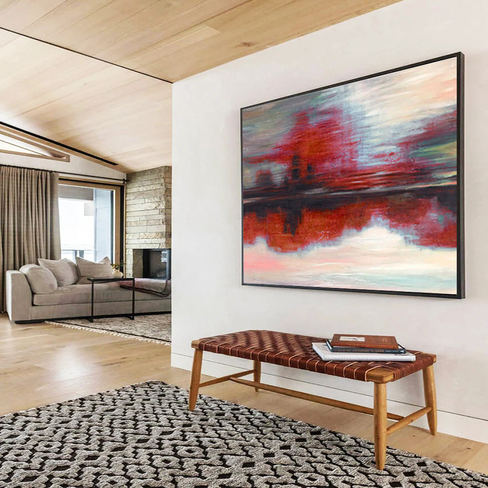 “Red & Gray Abstract Reflection” Abstract Expressionist Painting On Canvas DKH384