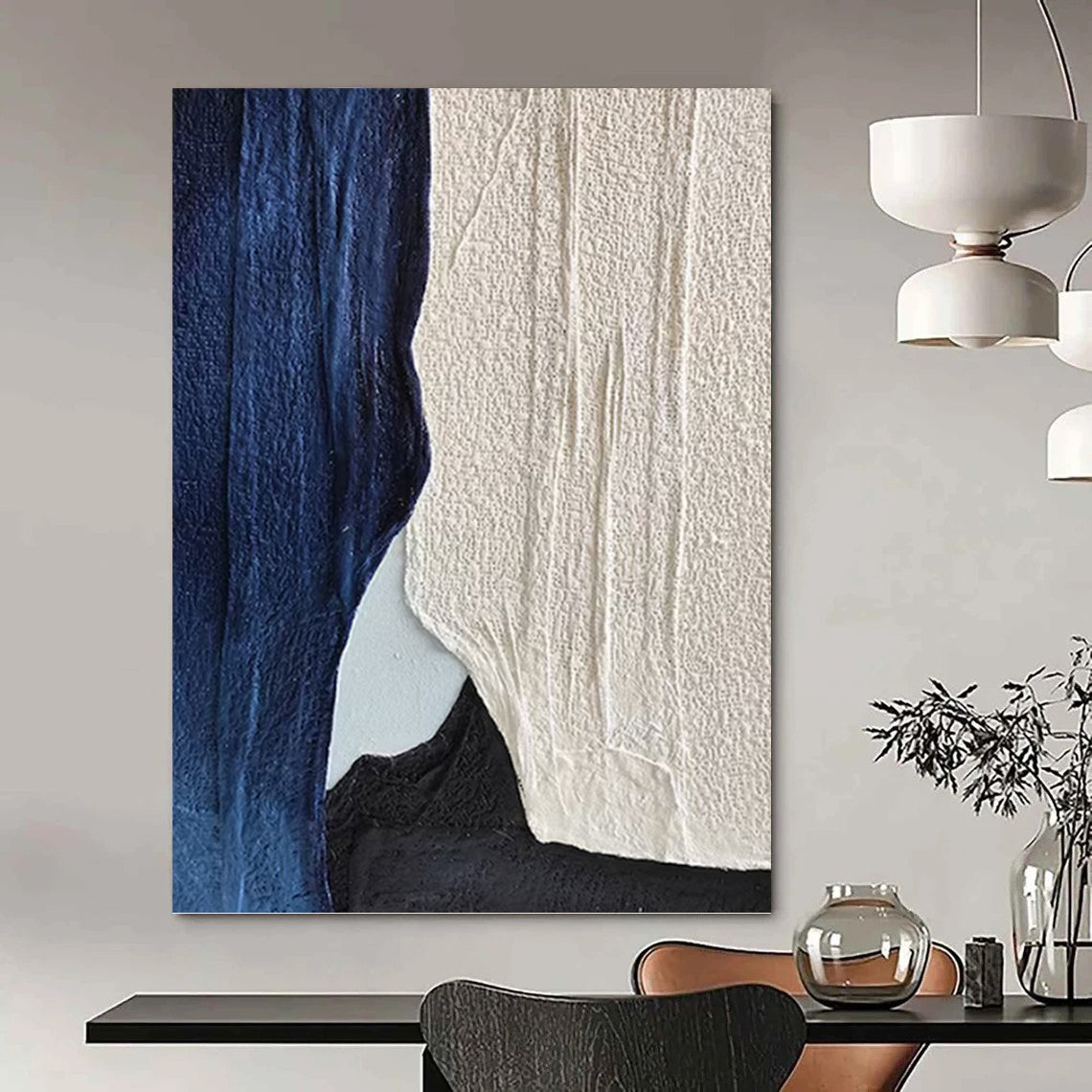 “Indigo & Ivory” - Indigo, Ivory & Black Textured Abstract Shapes Painting On Canvas DKH1547