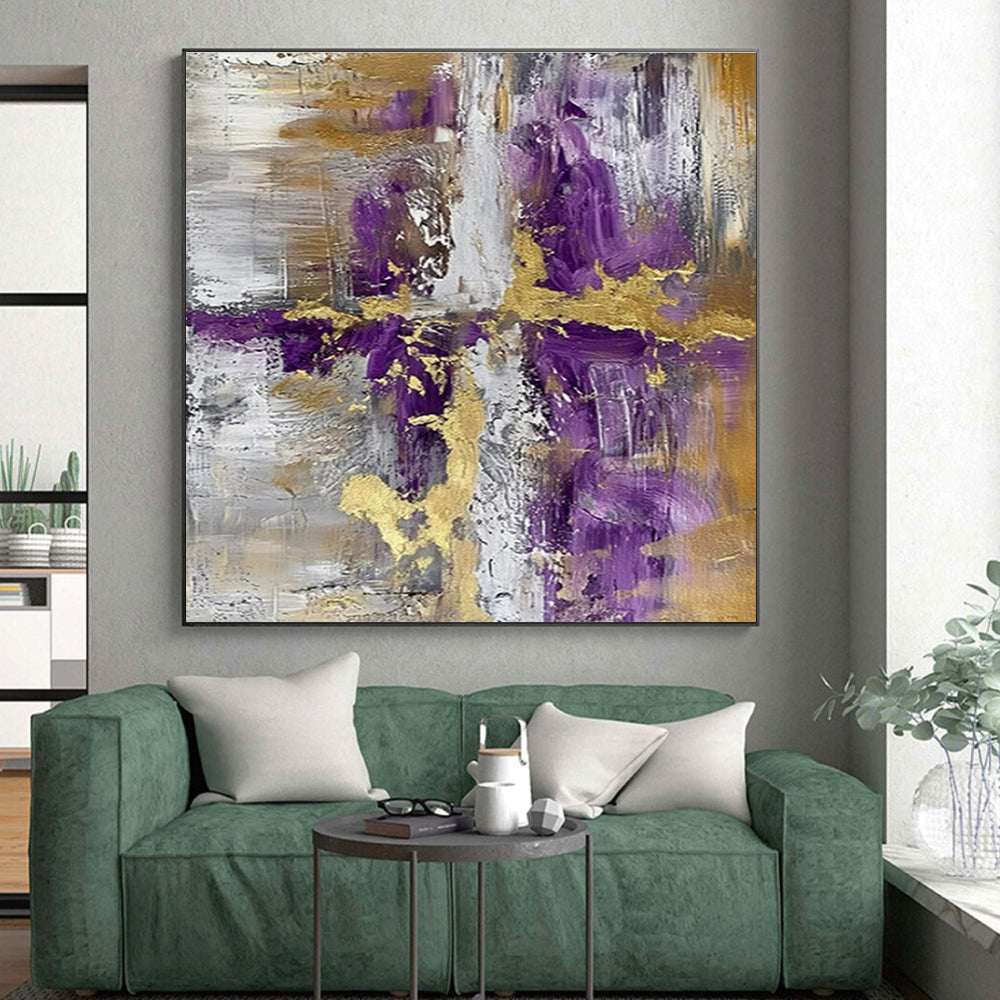 “Purple - Gold - Gray Abstract Cross” ,Abstract Acrylic Painting CT0846