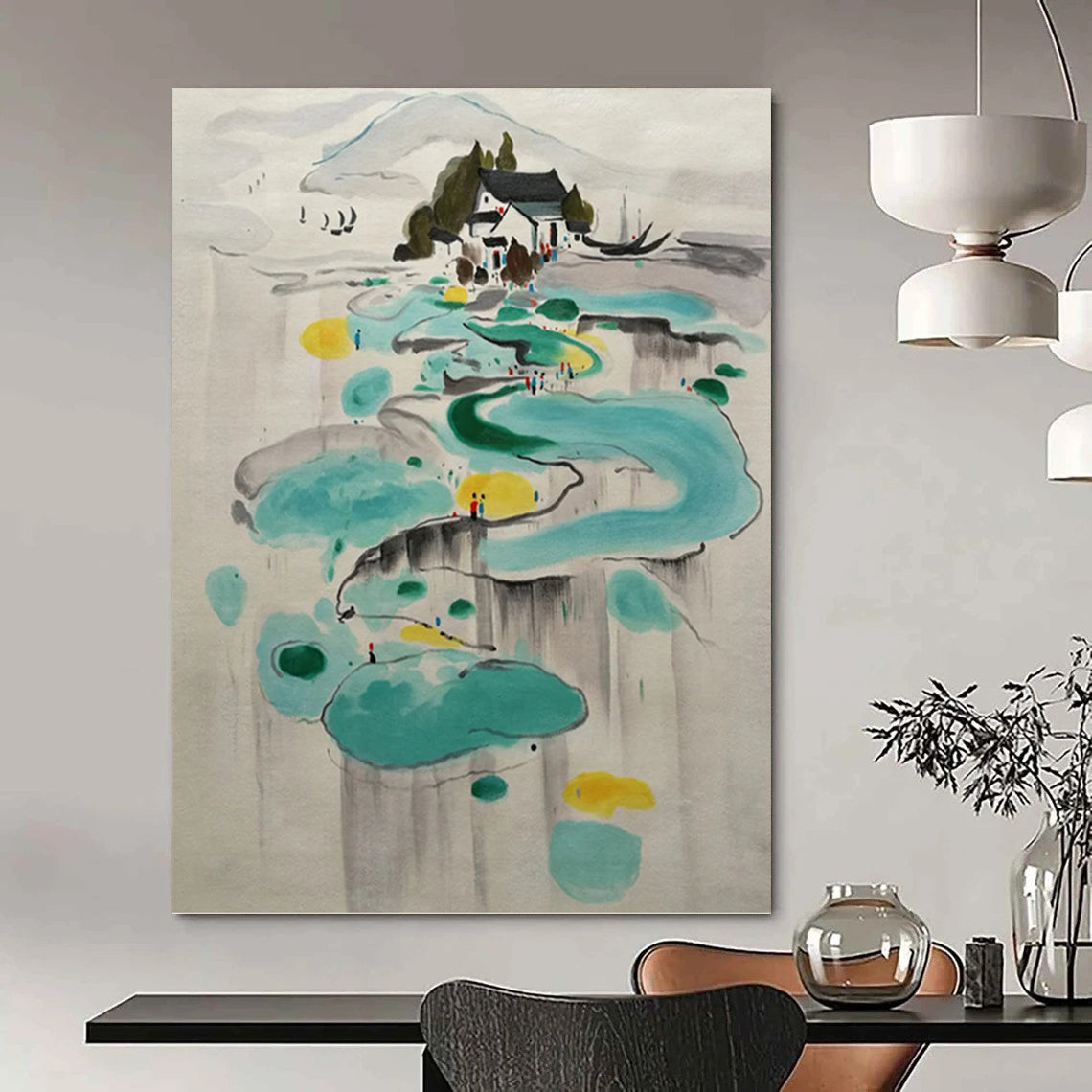 “Ink - Wash Village Dream” - Colorful Chinese Ink - Wash Landscape Painting On Canvas DKH1584