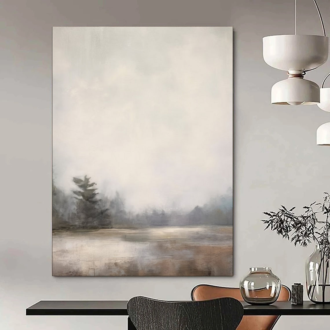 “Lonely Pine in Mist” – Impressionistic Landscape Oil Painting with Gray and Beige Hues CT2058