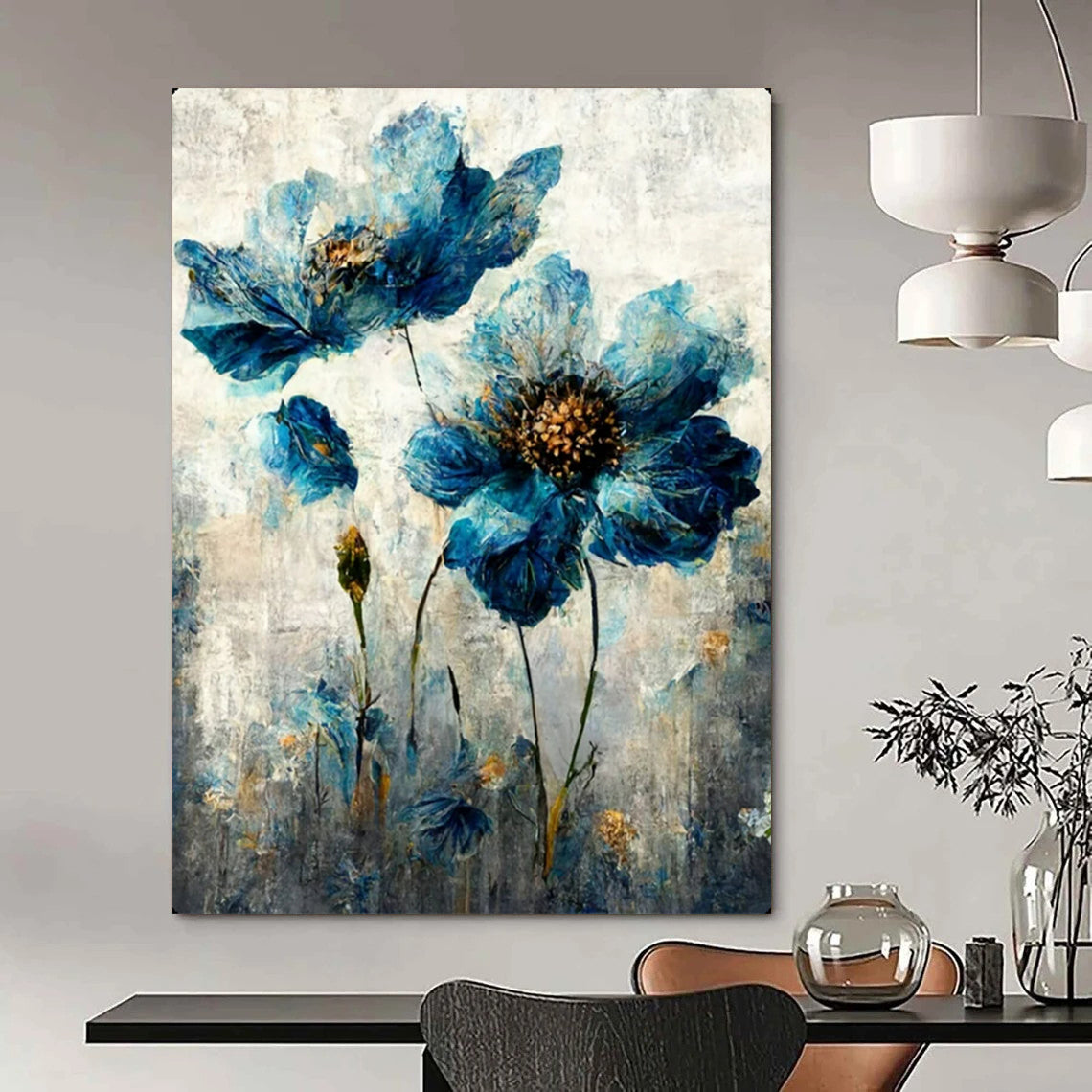 “Textured Blue Flowers” – Impasto Floral Oil Painting On Canvas CT2169