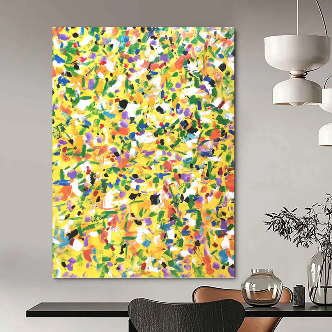“Yellow Joy” - Bright Yellow Multicolor Abstract Drip Painting On Canvas DKH1571