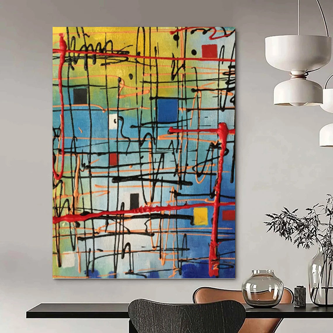 “Colorful Grid Energy” - Multicolor Geometric Abstract Painting On Canvas DKH1582