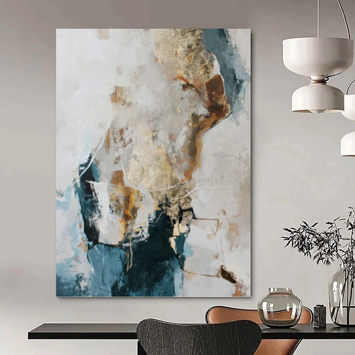 “Blue, Gold & White Abstract” - Blue, Gold & White Coastal - Inspired Painting On Canvas DKH1010