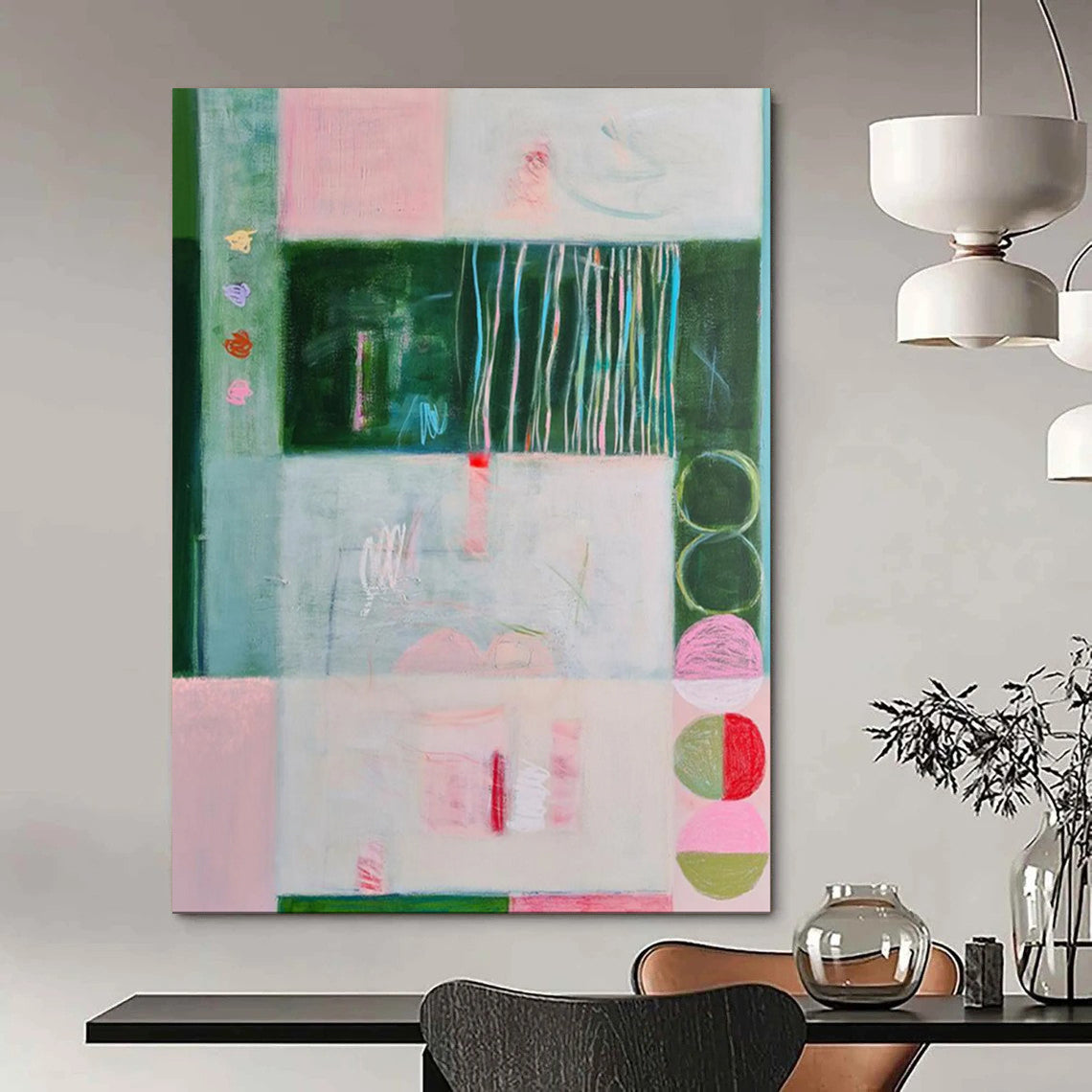 Pink, Green, Geometric Forms - "Soft Structure" - Abstract Geometric Painting CT1852