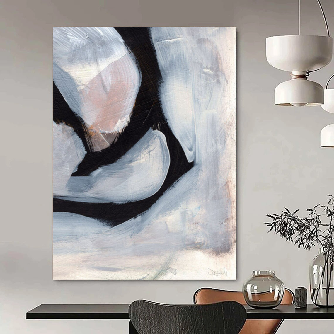 “Black & White Abstract Shapes” - Black, White Abstract Painting On Canvas DTP228