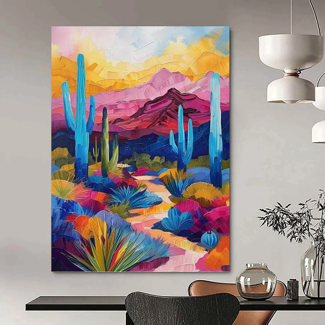 “Desert Vividness” - Colorful Desert Landscape with Cacti Painting On Canvas DKH1556