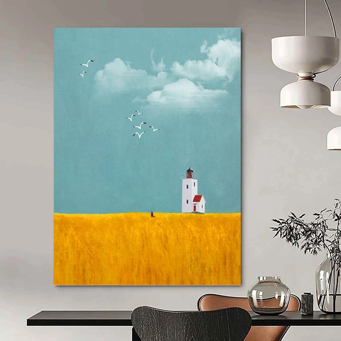 Lighthouse in Golden Field Under Blue Sky - Landscape Painting On Canvas DKH1429